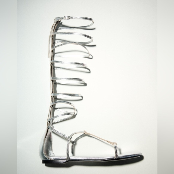 NEW Zara Tall Mid Calf Metallic Silver Gladiator Strappy Sandals 1615/010 - Picture 9 of 12